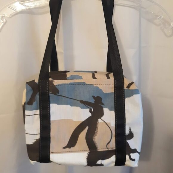 New Mini Duffle Travel Tote Shoulder Bag Western Cowboy Rodeo Horses Brown Blue - Picture 5 of 9